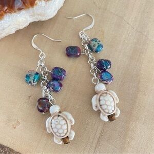 2/$29 Handmade Jasper Cube & Cream Magnesite Turtle Dangle Earrings Colorful